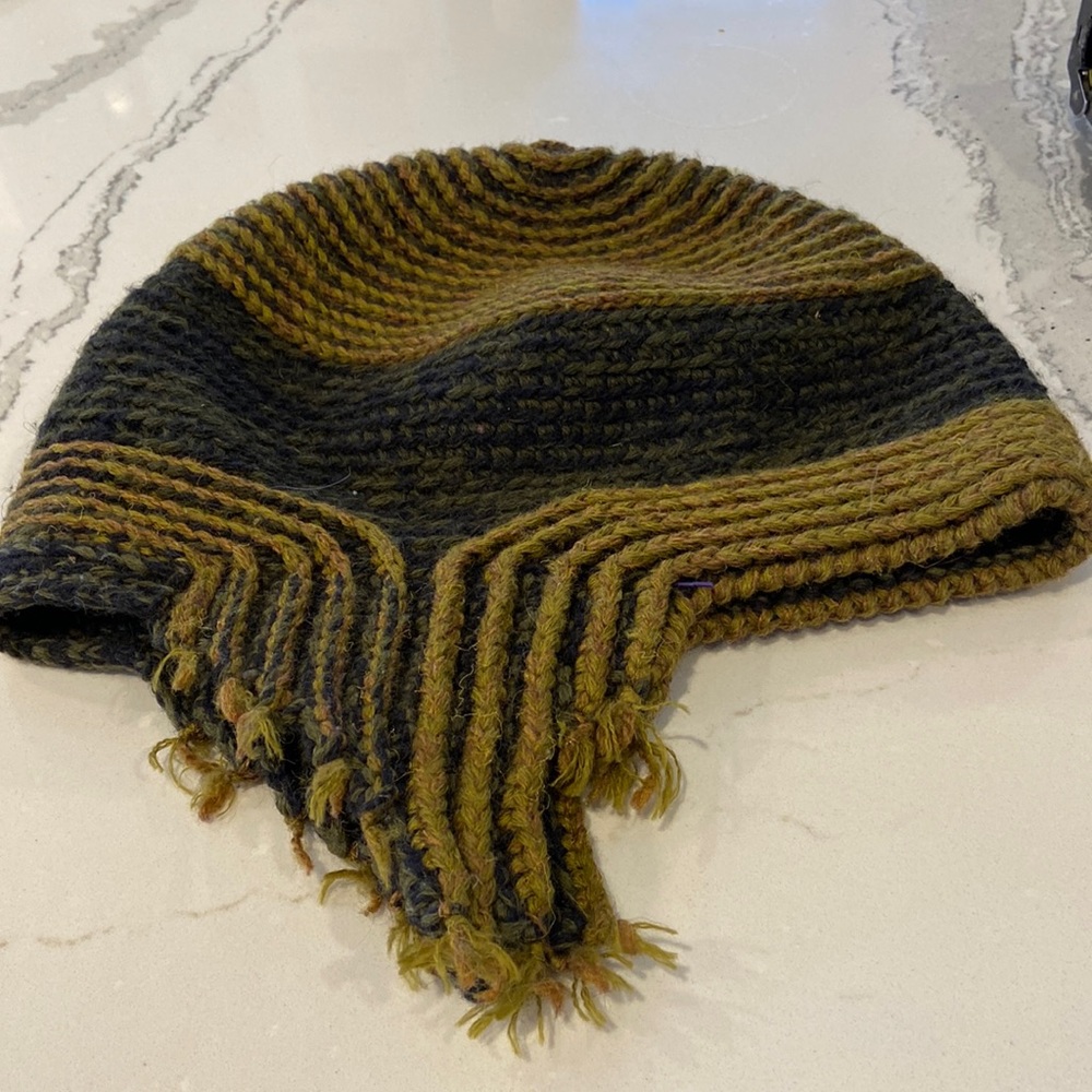 Hand Crochet Brioche Style Lapland Earflap Wool Bobbie Hat Olive Green